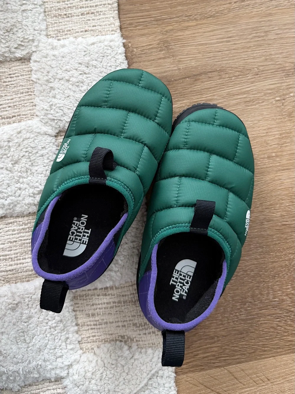 North Face Thermoball Traction Mule II Camp Booties in Evergreen / Peak Purple